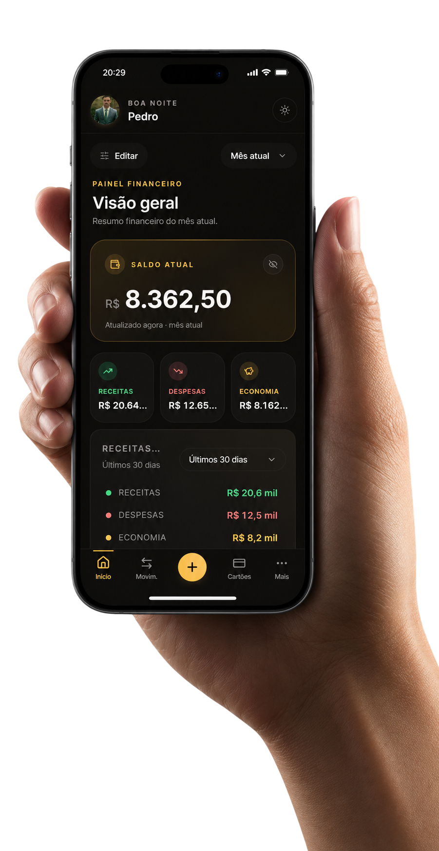 Painel financeiro do Solum Finance em um celular